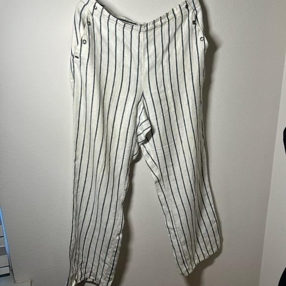 Chico’s‎ 100% Linen white stripe straight leg side elastic zip pants Sz 12 - Picture 3 of 9